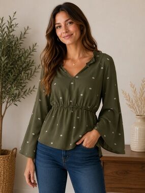 Cruel Olive V-Neck Peasant Blouse with Elastic Waist